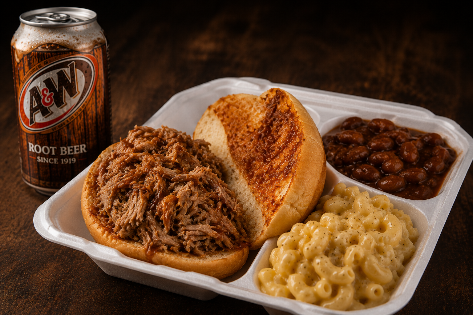 Pulled pork sandwich served with mac and cheese, baked beans, and root beer
